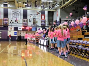 Collinsville Head Coach Lori Billy addresses the crowd before the Pink Out game / Photo by Roger Starkey