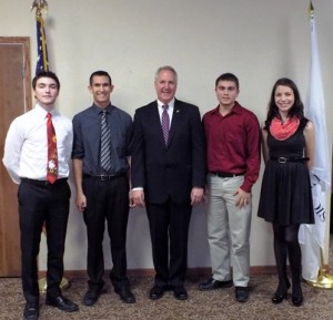 Madison County residents who received a Congressional Nomination from John Shimkus pose with the congressman. Left to right:  Connor Cunningham of Edwardsville, Grant Camillo of Highland, Zachary Auer of Collinsville, and Spencer Murphy of Highland.
