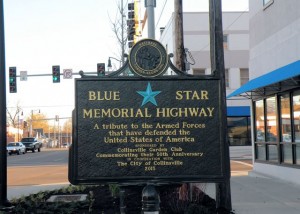 Blue Star Memorial Highway marker in uptown Collinsville / Photo by Roger Starkey
