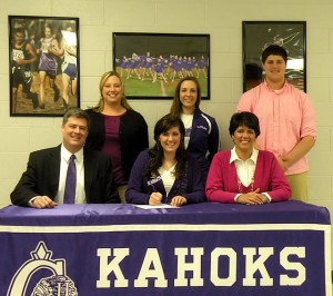 Lauren Hostetter signs a letter of intent to dance for McKendree University. Seated with Hostetter are her father, Michael, and mother, Jackie. Standing, left to right: Kahok Dance Team Head Coach Toni Geisen, McKendree Dance Team Head Coach Katy Czerwonka and Hostetter's brother, Kyle