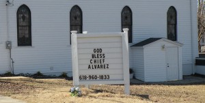 Church sign supporting fired, then re-hired, Caseyville Police Chief Jose Alvarez / Photo by Roger Starkey