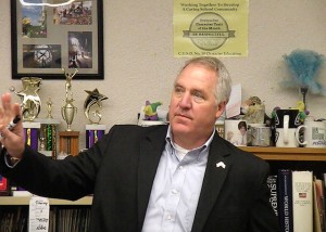 Congressman John Shimkus addresses a class at Collinsville High School on March 17, 2014 / Photo by Roger Starkey
