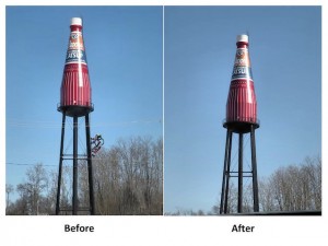 left to right: The World's Largest Catsup Bottle in the Christmas Spirit, The World's Largest Catsup Bottle ready for The World's Largest Catsup Bottle Festival, July 13, 2014 at the American Legion Post 365 / Image by Roger Starkey