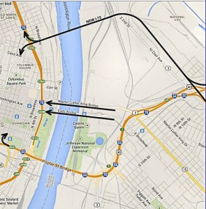 Poplar St. Bridge detour routes beginning May 27, 2014 and lasting approximately one year / Image courtesy of the Missouri Department of Transportation