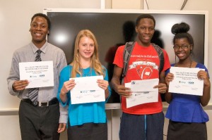 From left, Stefan Jones of O’Fallon, Celena Jentsch of Collinsville, Kenny Roberson of East St. Louis and Alexandria Waller of Cahokia recently took third place in the 2014 Allsup Academy business plan competition at Southwestern Illinois College / Photo by Aaron Sudholt